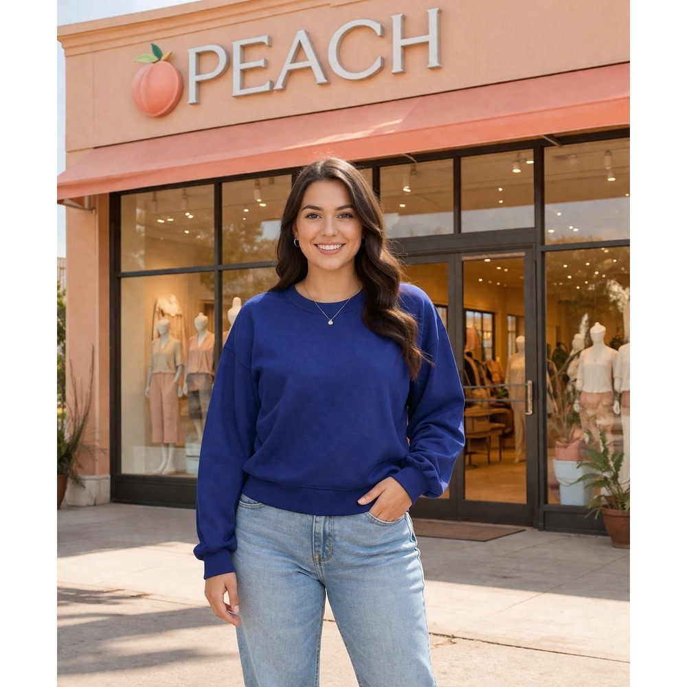 Peach Cobalt Blue Crewneck Sweatshirt Drop Shoulder Ribbed Trim Womens‎